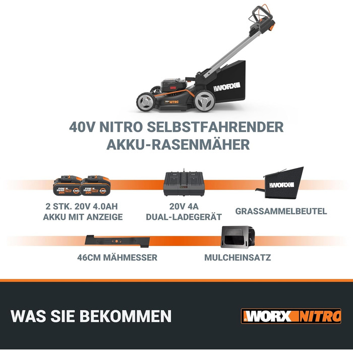 Акумуляторний газонокосарка WORX WG749E 40V PowerShare з приводним колесом, безщітковий двигун, ширина зрізу 46 см, 7 положень висоти зрізу, чорний колір, акумулятор та зарядний пристрій в комплекті
