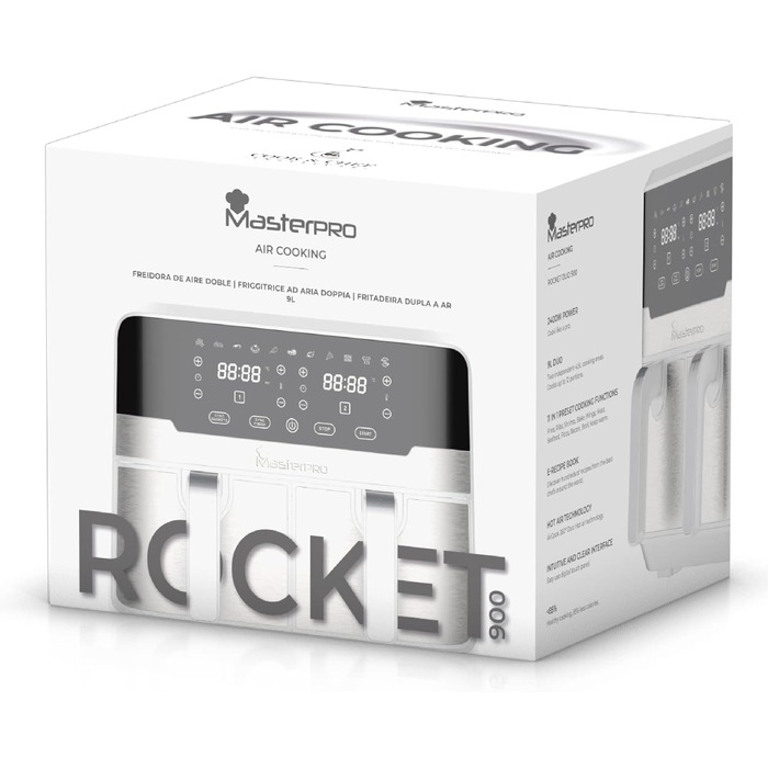 Подвійна аерофритюрниця MasterPRO Rocket Duo 900, 9л, 2100Вт, LED-дисплей, антипригарне покриття, біла