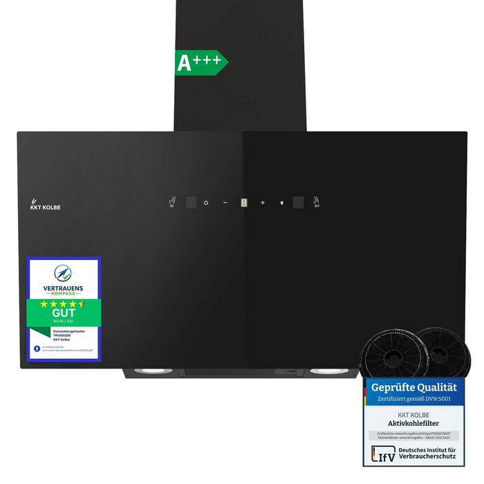 Витяжка кухонна KKT KOLBE TRIO8025S 80см, чорна, скло, керування жестами та SensorTouch, LED-підсвітка, режим рециркуляції та відведення, продуктивність 782 м³/год