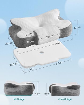 Ергономічна подушка SONGMICS з ефектом пам'яті (Memory Foam), регульована за висотою, для сну на боці, спині та животі, біло-сіра TBP051GZ02