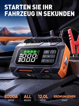 Пусковий пристрій 14-в-1 для авто 8000A з компресором 160 PSI, Powerbank 26800mAh, бустер для бензинових та дизельних двигунів (до 12л), з LED-ліхтарем та набором для ремонту шин