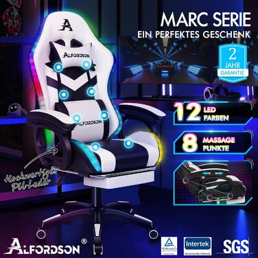 Ігрове крісло ALFORDSON з LED RGB підсвіткою, масажем, підставкою для ніг, ергономічне, біле