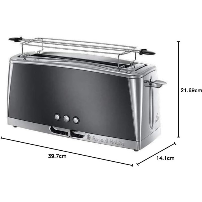 Тостер Russell Hobbs Luna Edelstahl Grau для 2-х скибочок хліба (широкі слоти) з підставкою для булочок, 6 режимів підсмажування, розморожування та підігрів - 23251-56