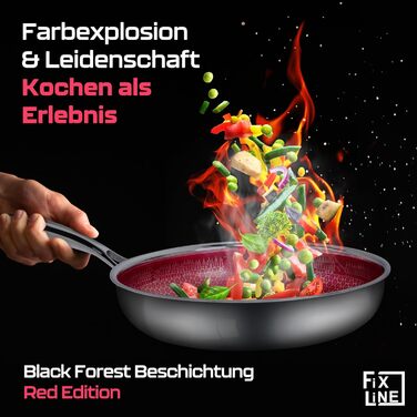 Сковорода FIXLINE Black Forest Red Edition 28 см, антипригарне покриття без ПФОА, для всіх плит і індукції, духовка до 250°C, легке очищення, подарункова упаковка