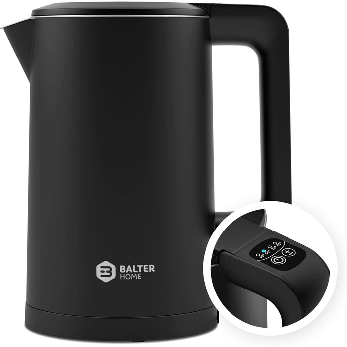 Електрочайник Balter з нержавіючої сталі, регулювання температури 40–100°C, подвійні стінки, BPA Free, 1,5 л, чорний, модель WK-11BL-LCD