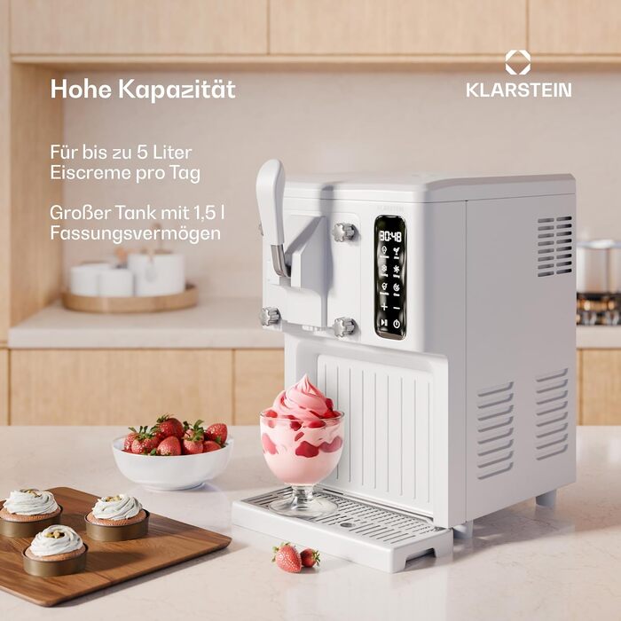 Кларштайн SweetSwirl - Морозивомашина 3-в-1 для морозива, молочних коктейлів та смузі, 1.5 л, сенсорний дисплей, режим підтримки температури, функція очищення, біла