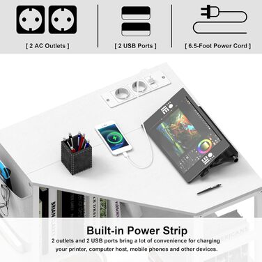 Друк-стіл кутовий VEDECASA з полицями, зарядкою та USB портами для принтера, сканера, роутера - офісні меблі