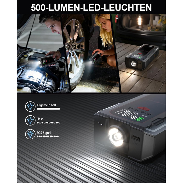 Бустер для авто Starthilfe Powerbank 6000A: пусковий пристрій з компресором 150PSI, 12V для бензинових (до 9л) та дизельних (до 7.5л) двигунів, чорний