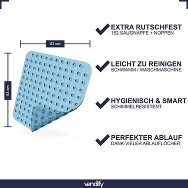 Vendify Преміум килимок для душу 53x53 см, протиковзкий, квадратний, для душової кабіни та ванни, BPA Free, з 152 присосками, стійкий до цвілі, машинне прання, прозорий синій