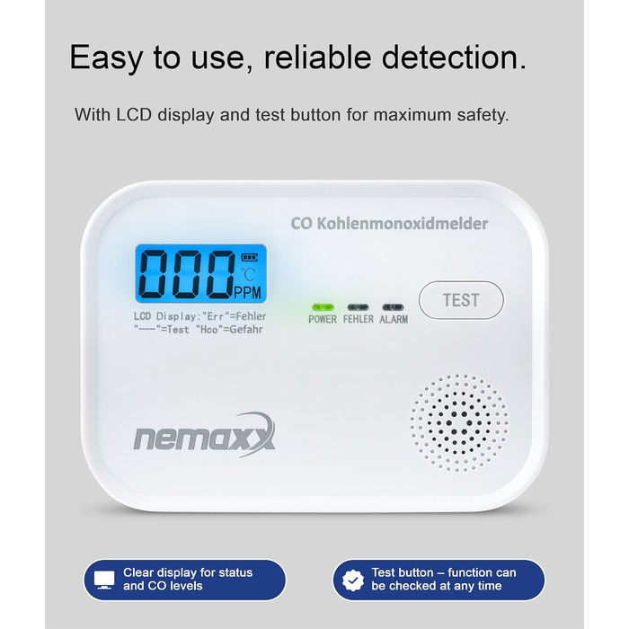 Детектор чадного газу NEMAXX® CM18 з LCD-дисплеєм, електрохімічний сенсор, 85 дБ, стандарт EN 50291-1:2018, термін служби 10 років