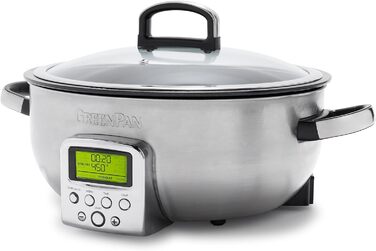 Електричний мультиварка GreenPan Elite 5,6 л, антипригарне керамічне покриття без PFAS, для смаження, тушкування, варіння рису, посудомийна машина, LED-дисплей, сріблястий нержавіючий корпус