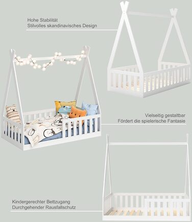 Дитяче підлогове ліжко Tajo Tipi 70x140 см, будиночок-вігвам з масиву сосни з бортиком і рейковим основою, натуральне, для дітей від 3 років