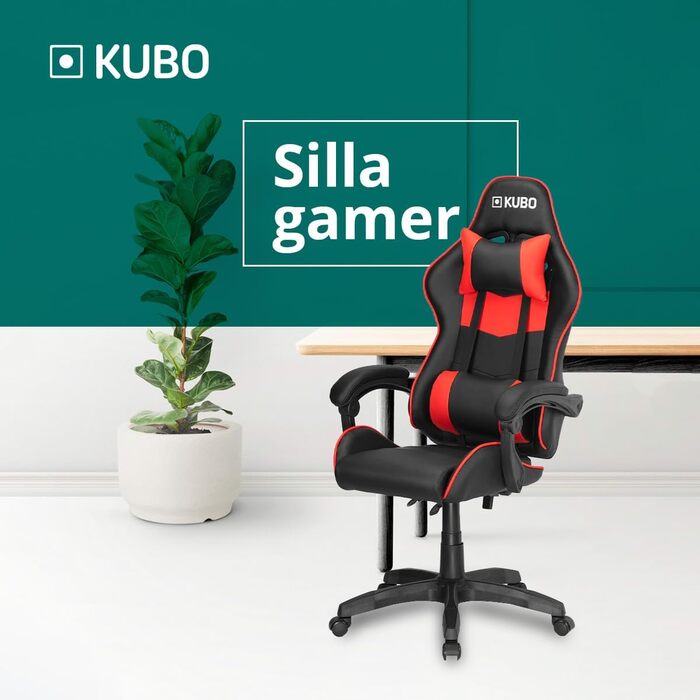 Ігрове крісло для комп'ютера KUBO, ергономічне, регульоване по висоті, обертове на 360°, з фіксованими підлокітниками, метал-нейлон-пластик, червоне