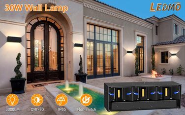 LEDMO LED настінний світильник 30W для внутрішніх і зовнішніх робіт, регульований світловий потік, тепле біле світло 3000K, IP65, чорний