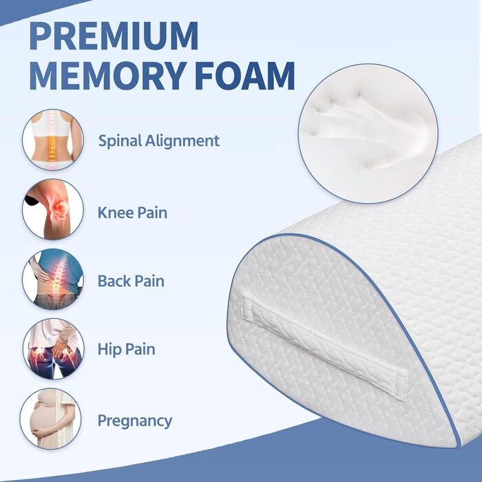 Подушка для сну на боку Pozico: ортопедична подушка для ніг з піни Memory Foam для колін, стегон та спини, знімний чохол, біла