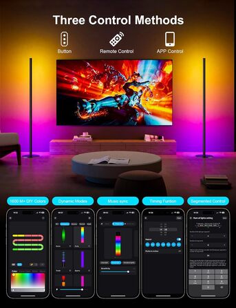 LED торшер для вітальні, білий з пультом ДУ, RGB 16 млн кольорів, синхронізація з музикою, 140 см, кутова лампа для ТВ, спальні, ігрової кімнати