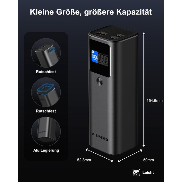 Power Bank AsperX 20000mAh, 165W, 2x USB-C 100W, Алюмінієвий Корпус, Вбудований Кабель 60см, TFT-Дисплей, для iPhone, MacBook, Samsung