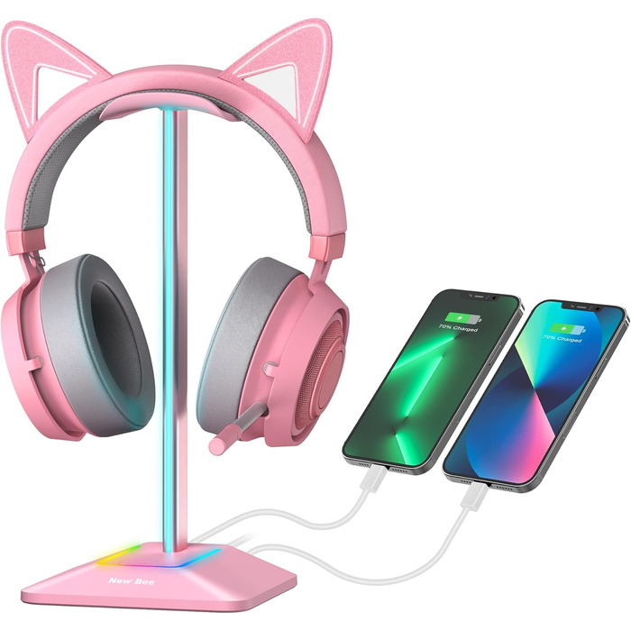 Підставка для навушників New Bee з RGB-підсвіткою, USB Type-C зарядкою та передачею даних, універсальна стійка для геймерських гарнітур, рожева