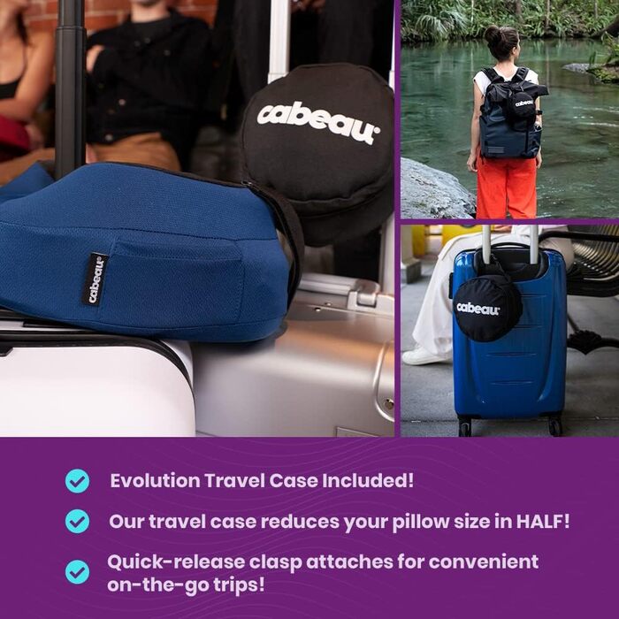 Подушка для подорожей Cabeau Evolution S3 з кріпленням до сидіння літака, меморі пін, швидковисихаюча тканина, індиго