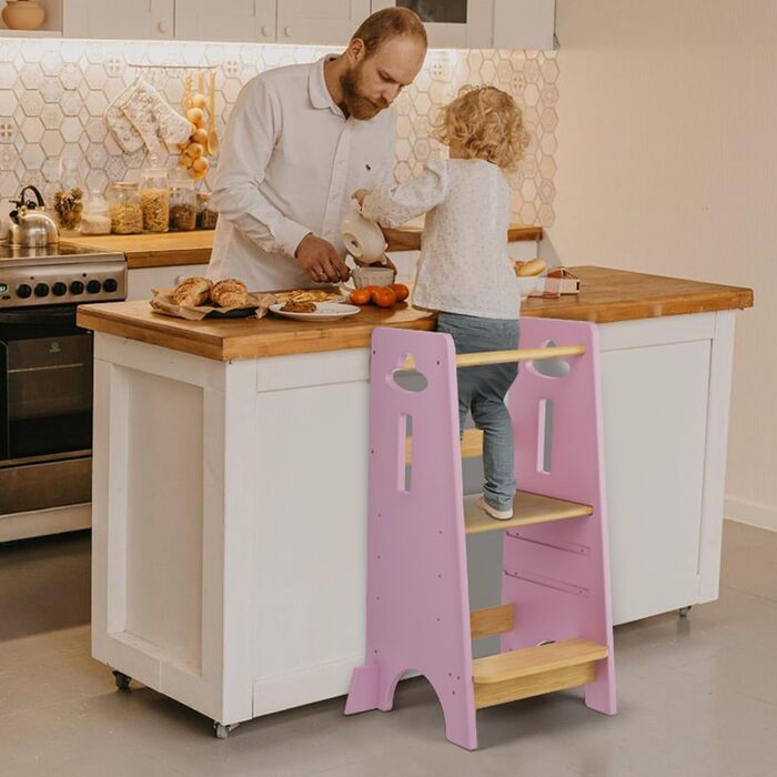 Дитяча помічниця-сходинка COSYLAND Montessori: регульований Lernturm з масиву дерева, з захистом від перекидання, рожевий та натуральний колір (80x45x40 см)