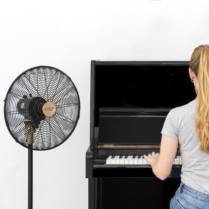 Вентилятор підлоговий Cecotec EnergySilence 620 Retrostyle 50W, хромований, діаметр 40 см, 3 швидкості, з коливанням, регульована висота, дерев'яна підставка
