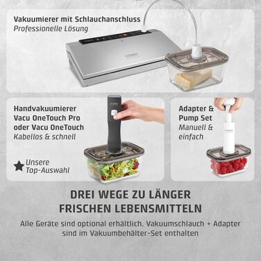Набір вакуумних контейнерів Caso VacuBoxx Eco-Set з боросилікатного скла (3 шт.), без BPA, термостійкі та придатні для посудомийки та морозильника, з адаптером та шлангом