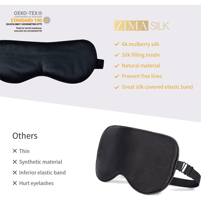 Шовкова маска для сну ZIMASILK з 100% натурального шовку тутового шовкопряда, 22 моме, м'яка та зручна, чорна