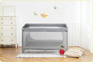 Дитяче ліжечко-манеж Ricokids, складане, 125x65x78 см, 15 кг, з матрацом, колесами з гальмами, знімний боковий вхід, сіре