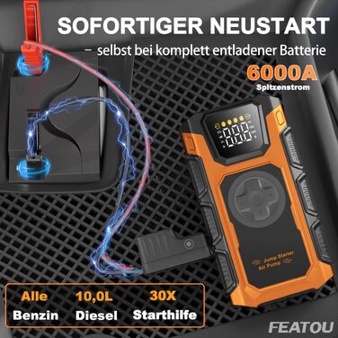 Пусковий пристрій (бустер) для авто Starthilfe 6000A з компресором 150 PSI, Powerbank 12V для бензинових та дизельних двигунів до 10л, з QC3.0, LCD-дисплеєм та ліхтарем, помаранчевий