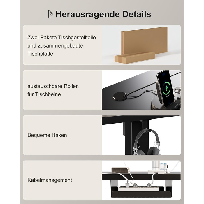 Регульований стіл Homall 200x80 см з USB-портом, електричний, з органайзером для кабелів, пам'ять позицій, для комп'ютера, чорний