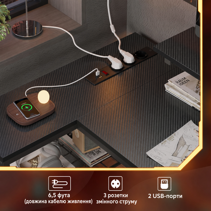 Ігровий кутовий стіл Bestier L-подібної форми з LED-підсвічуванням, розетками, 2 полицями та гачками – кутовий стіл для комп'ютера, офісу, спальні та геймінгу 106 x 80 см, 3D-вуглецеве волокно чорного кольору