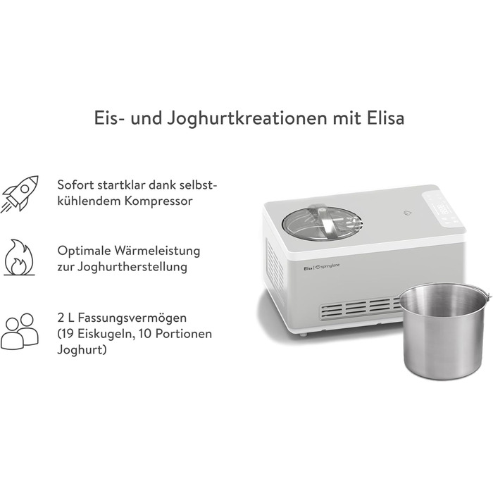 Морозивниця та йогуртниця SPRINGLANE Elisa 2,0 л з компресором, нержавіюча сталь, 220 Вт, функції охолодження та нагріву, рецептник, срібляста, додатковий контейнер