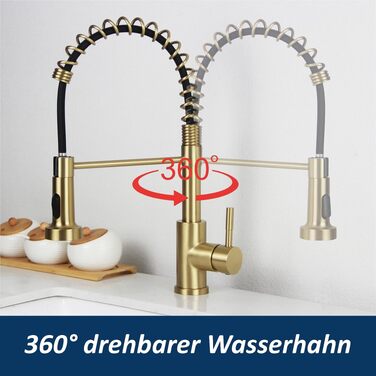 Змішувач для кухні чорний високий з висувним душем Wasserhahn, 360° поворотний, 2 режими струменя, нержавіюча сталь (матове золото)