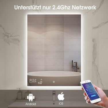 Дзеркало для ванної кімнати LED ByeCold 60x80 см з підсвічуванням, антизапарювання, WiFi, погода та дата, сенсорне управління