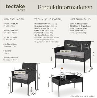 Набір садово-розплідницьких меблів tectake® з ротангу: банкетка, 2 крісла, столик, подушки, чорний колір. Меблі для балкона, тераси, саду.