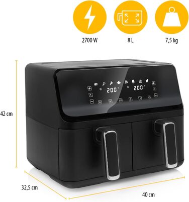 Tristar цифрова аерофритюрниця з подвійною чашею, 2 × 4 л, 2700 Вт, 8 програм, незалежне регулювання температури, чорна