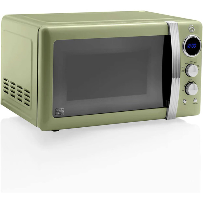 Мікрохвильова піч Swan Retro SM22030GNEU, 20 л, 800 Вт, 5 режимів, розморожування, таймер 60 хв, зелена, вінтажний дизайн, дзеркальні дверцята, 27 см тарілка