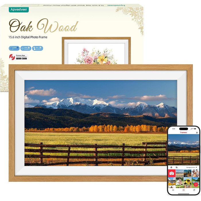 Frameo Цифровий фоторамка 15.6 дюймів: Електронний, з Wi-Fi, 32GB, IPS Touchscreen, відправка фото через додаток, подарунок, дубова рамка