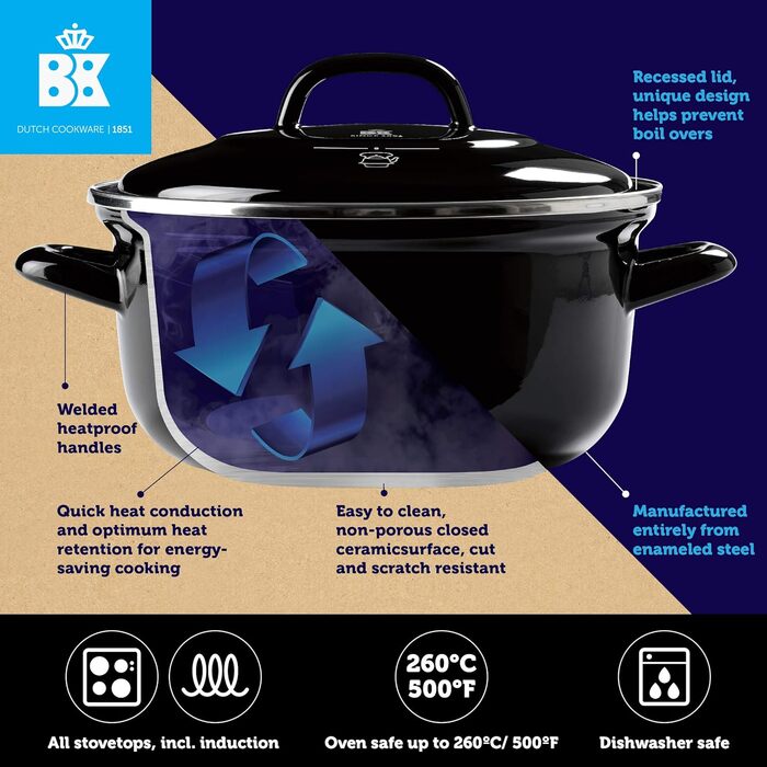 BK Indigo Каструля емальована з кришкою, 20 см, 2,5 л, керамічне антипригарне покриття без PFAS, для індукції, духовки та посудомийної машини, чорна