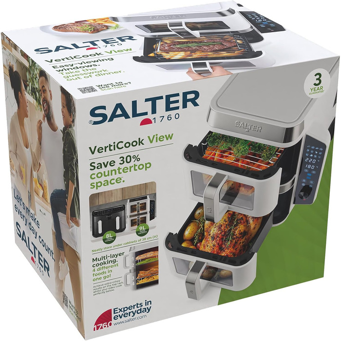 Аерофритюрниця Salter VertiCook View 9L: двокамерна фритюрниця з вертикальним дизайном, 12 програм Sync & Match, 4 рівні приготування, без PFAS, біла