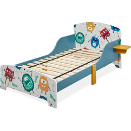 Дитяче ліжко Relaxdays 60x94x143 см, з бортиками, полицею, малюнком Монстри, з рейковим дном, МДФ, кольорове