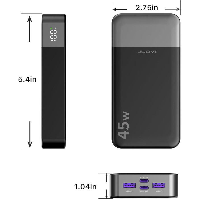 Портативний Power Bank JUOVI J2621, 20000mAh, 45W, сумісний з Switch, MacBook, iPhone, Samsung, Steam Deck та іншими пристроями (чорний)