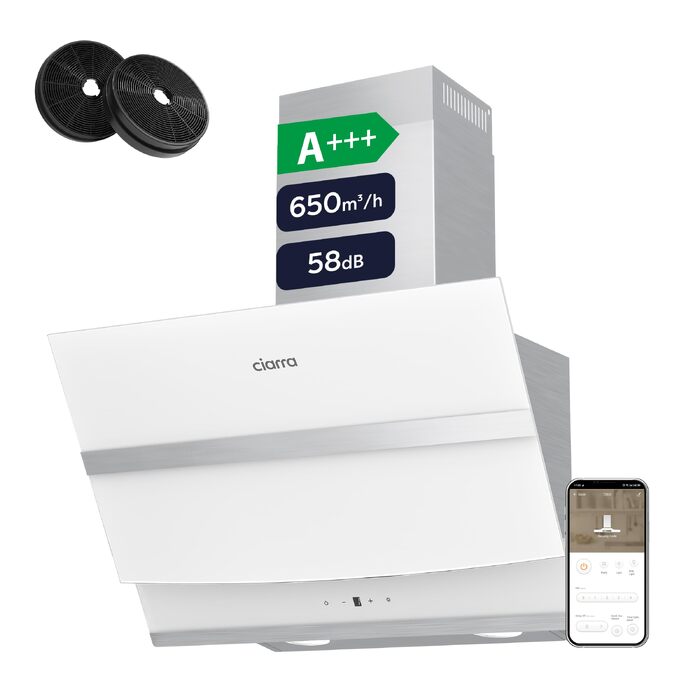 Витяжка кухонна CIARRA ASB6736N 60 см, 650 м³/год, нержавіюча сталь та чорне скло, керування через App та Touch, режим рециркуляції/відведення, вугільний фільтр CBCF003, білий колір