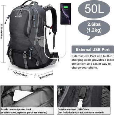 Водонепроникний туристичний рюкзак G4Free 50 л з чохлом від дощу для походів, кемпінгу, подорожей, трекінгу, для чоловіків та жінок, темно-сірий