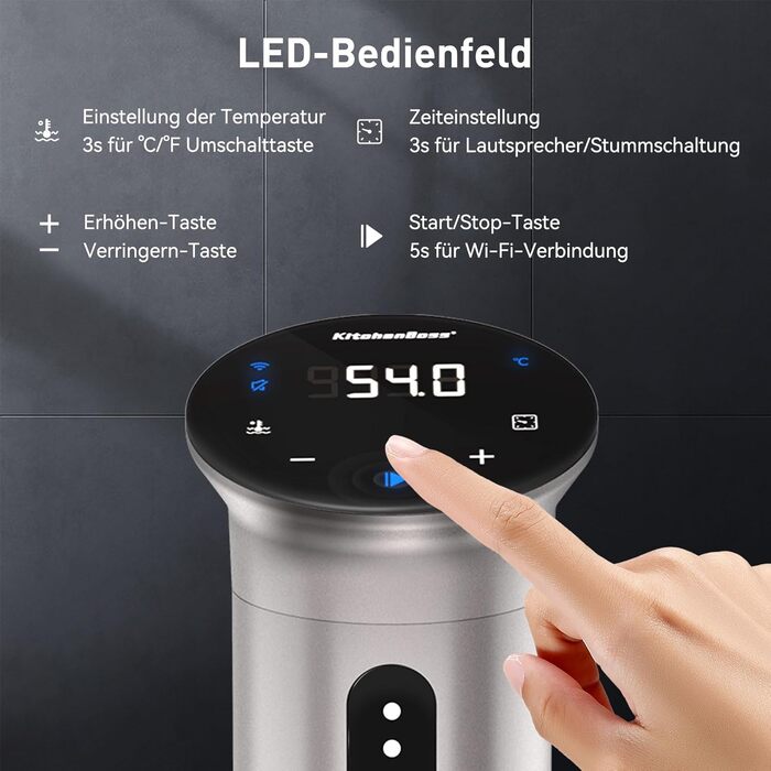 Sous Vide занурювальний циркулятор KitchenBoss G310PS-SC: точний контроль температури, Wi-Fi, LED дисплей, 1100W, IPX7 водонепроникність