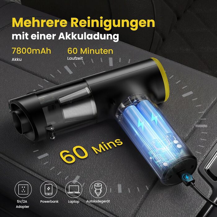 Акумуляторний пилосос Handstaubsauger 28000Pa, 60хв, з LED-дисплеєм, чорний. Міні-пилосос 3-в-1 для авто, ПК, кухні