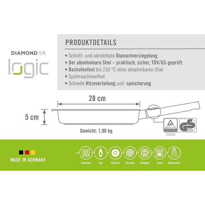 Сковорода Woll Diamond Logic XR 28 см, алюмінієва, знімна ручка, антипригарна, індукційна, для всіх плит, чорна