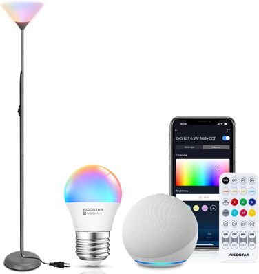 LED торшер Aigostar для вітальні та спальні, з Bluetooth Mesh G45 E27 6.5W лампою, димером, RGB та 2700K-6500K, з пультом, сумісний з Alexa