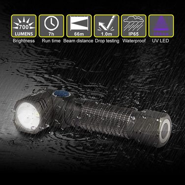NICRON UV ліхтарик LED, 700 люмен, 90°, акумуляторний, 395нм, магніт, детектор плям сечі собак і котів, B74UV, білий та ультрафіолетовий світло