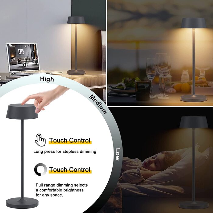 Klighten Диммовані LED акумуляторні настільні лампи, 2 шт, алюмінієві, сенсорне керування, IP54, для спальні та ресторану, тепле світло 3000K, антрацит, USB зарядка